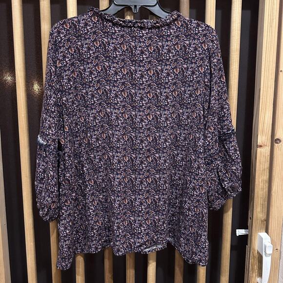 Studio B by Bobeau Shirt Plus 1X Blue Brown Pink Floral Boho Peasant Tunic Top - Picture 3 of 8